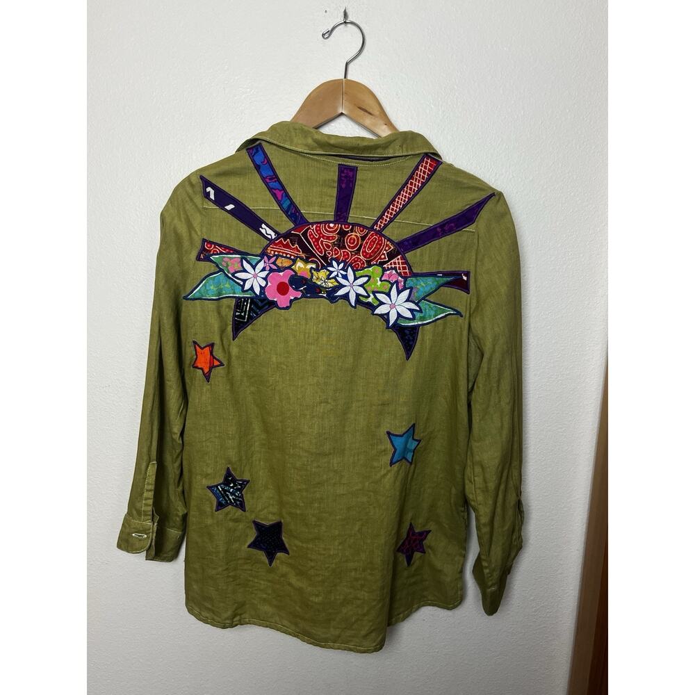 Wing’s Hawaii Handmade Floral Sunshine Linen Embroidered Appliqué Shirt Women’s - Picture 3 of 6
